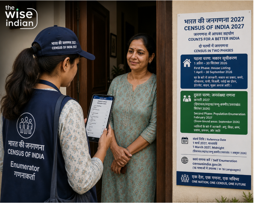A female census enumerator holding a tablet at a resident's doorway during the India Digital Census 2026.