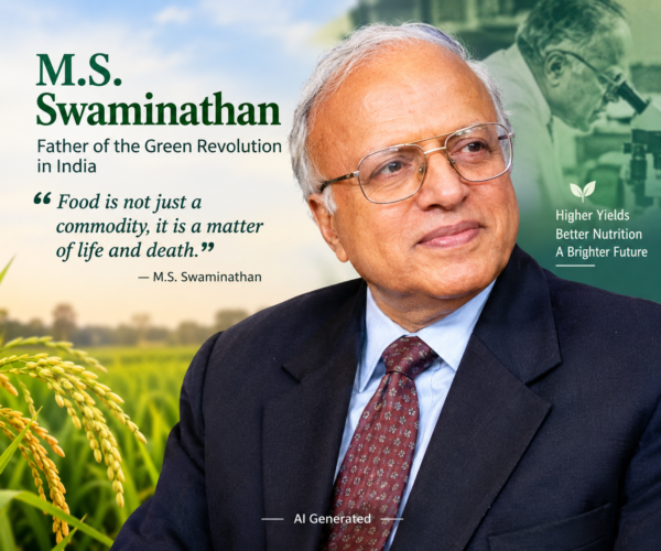 M. S. Swaminathan standing in a field of wheat, symbolising his work on India’s Green Revolution and food security.
