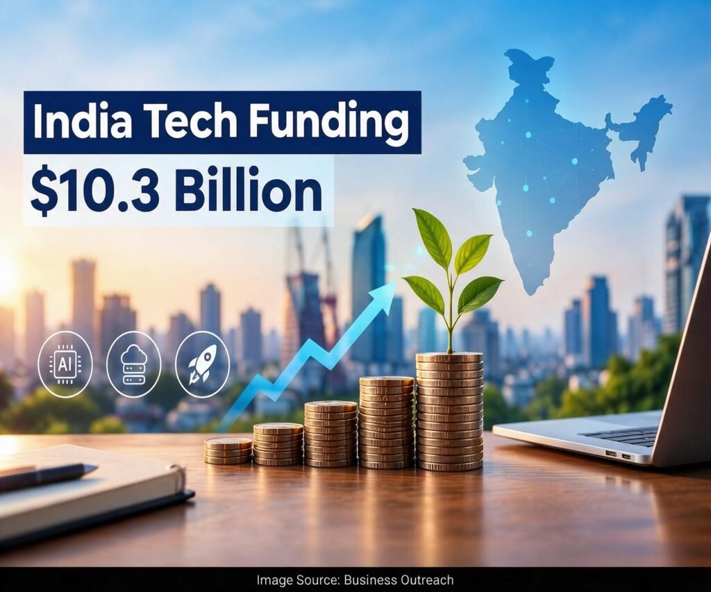 Indian tech startup funding rising to $10.3 billion in 2026 while the number of deals declines.