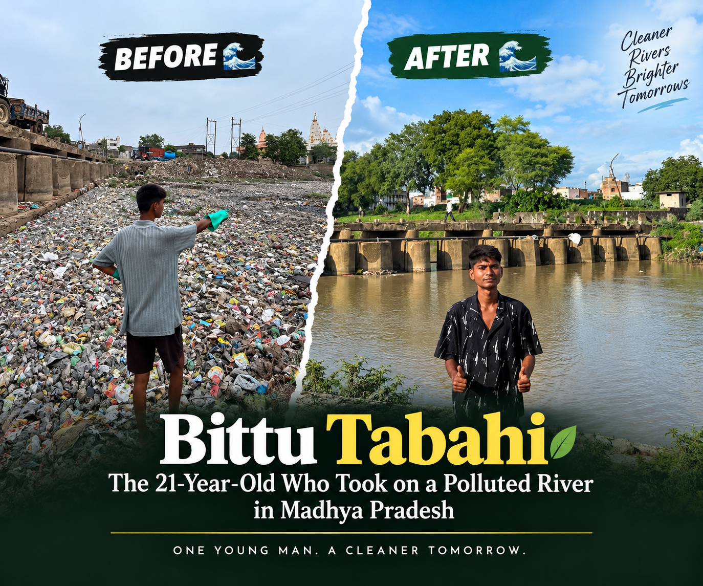 Bittu Tabahi cleaning the polluted Ajnar River in Madhya Pradesh