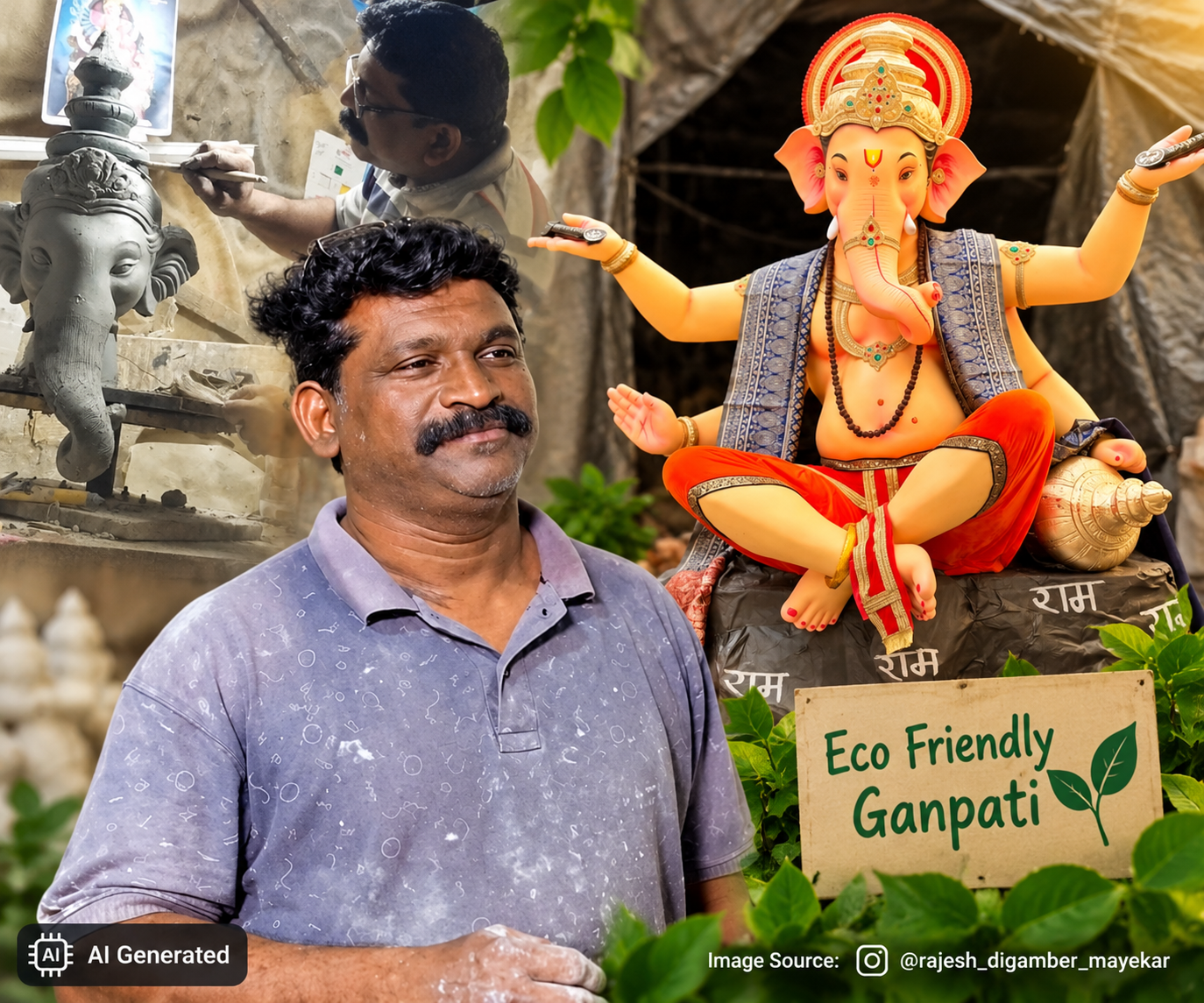 Eco-friendly Ganpati idol maker sculpting and creating clay Ganesha idols in Mumbai