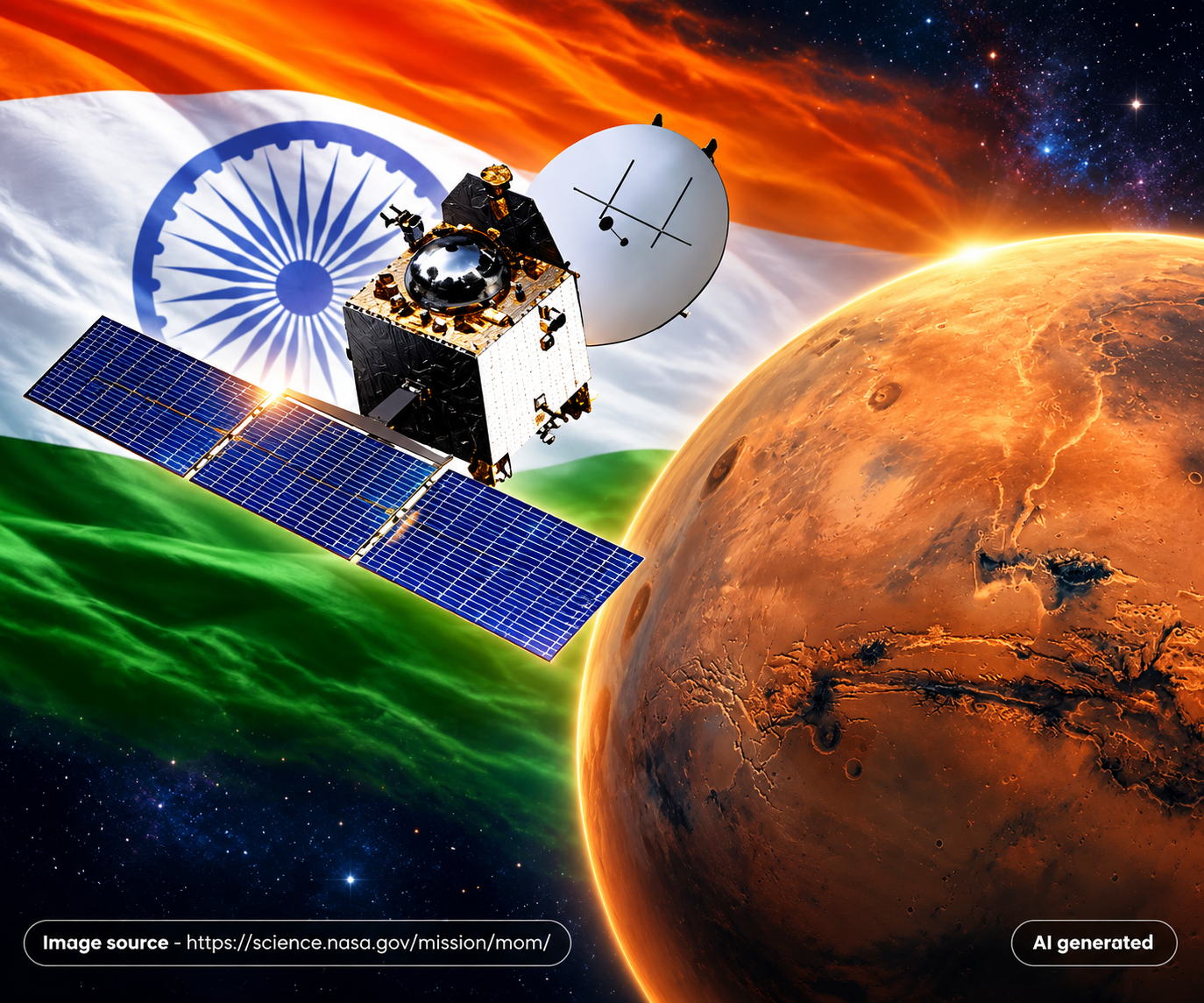Mangalyaan Mars Orbiter Mission spacecraft of ISRO near Mars