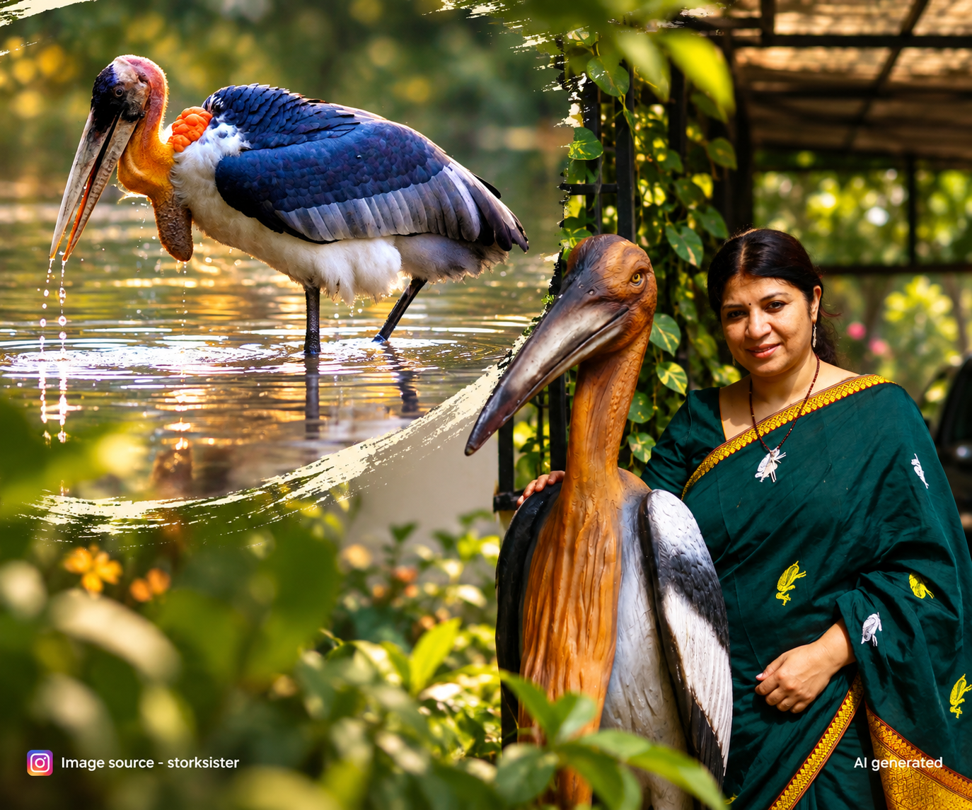 Purnima Devi Barman with a greater adjutant stork model and the bird in the wild