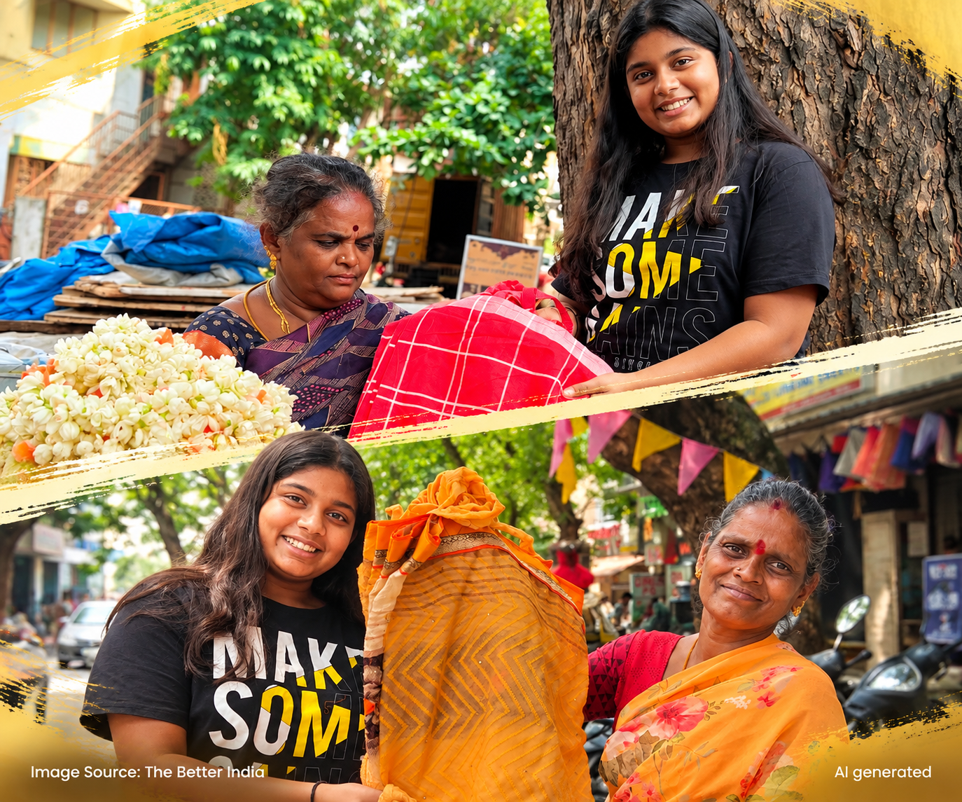 Manya Harsha holding an old saree used for Grandma's Green Weave cloth bags
