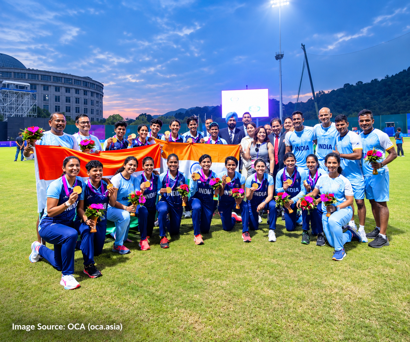 India women's cricket team celebrating with their Asian Games gold medals in Hangzhou