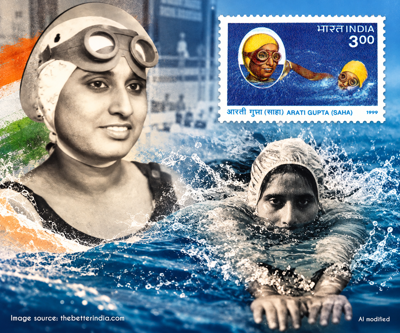 Arati Saha swimming, and the 1999 India Post stamp issued in her honour
