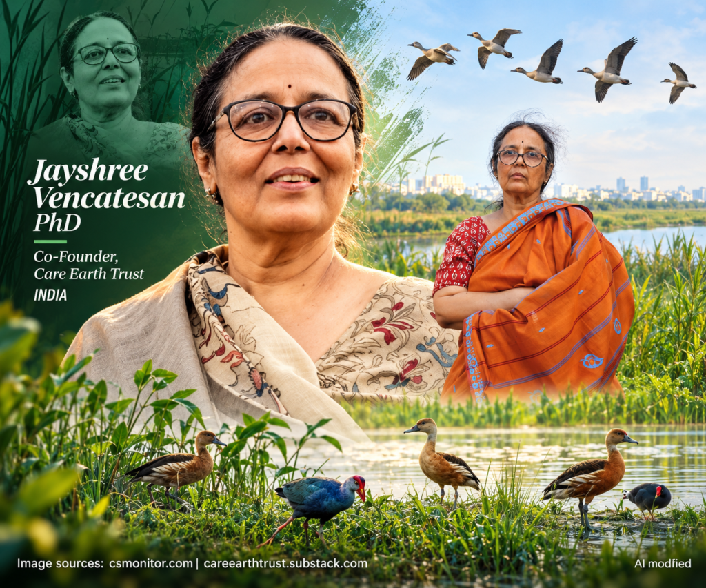 Jayshree Vencatesan, environmentalist and Co-Founder of Care Earth Trust, featured in a wetlands-themed collage with waterbirds and wetland landscapes