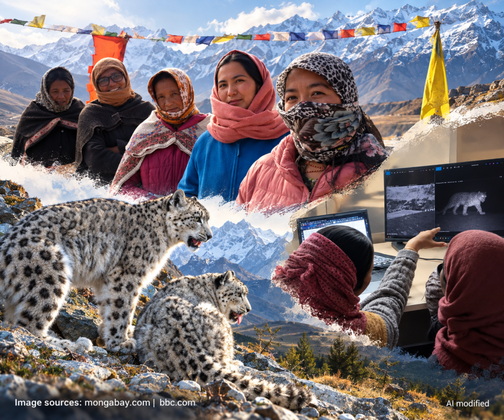 Lobzang Yangchen with women conservationists and snow leopards in the Himalayan landscape
