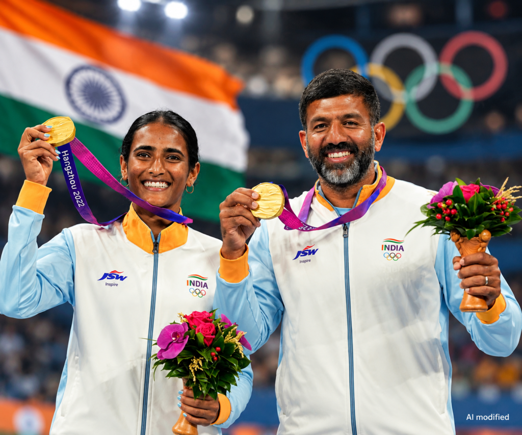 Bopanna Asian Games gold: Rohan Bopanna and Rutuja Bhosale celebrate their tennis mixed-doubles gold medal at the Hangzhou Asian Games.