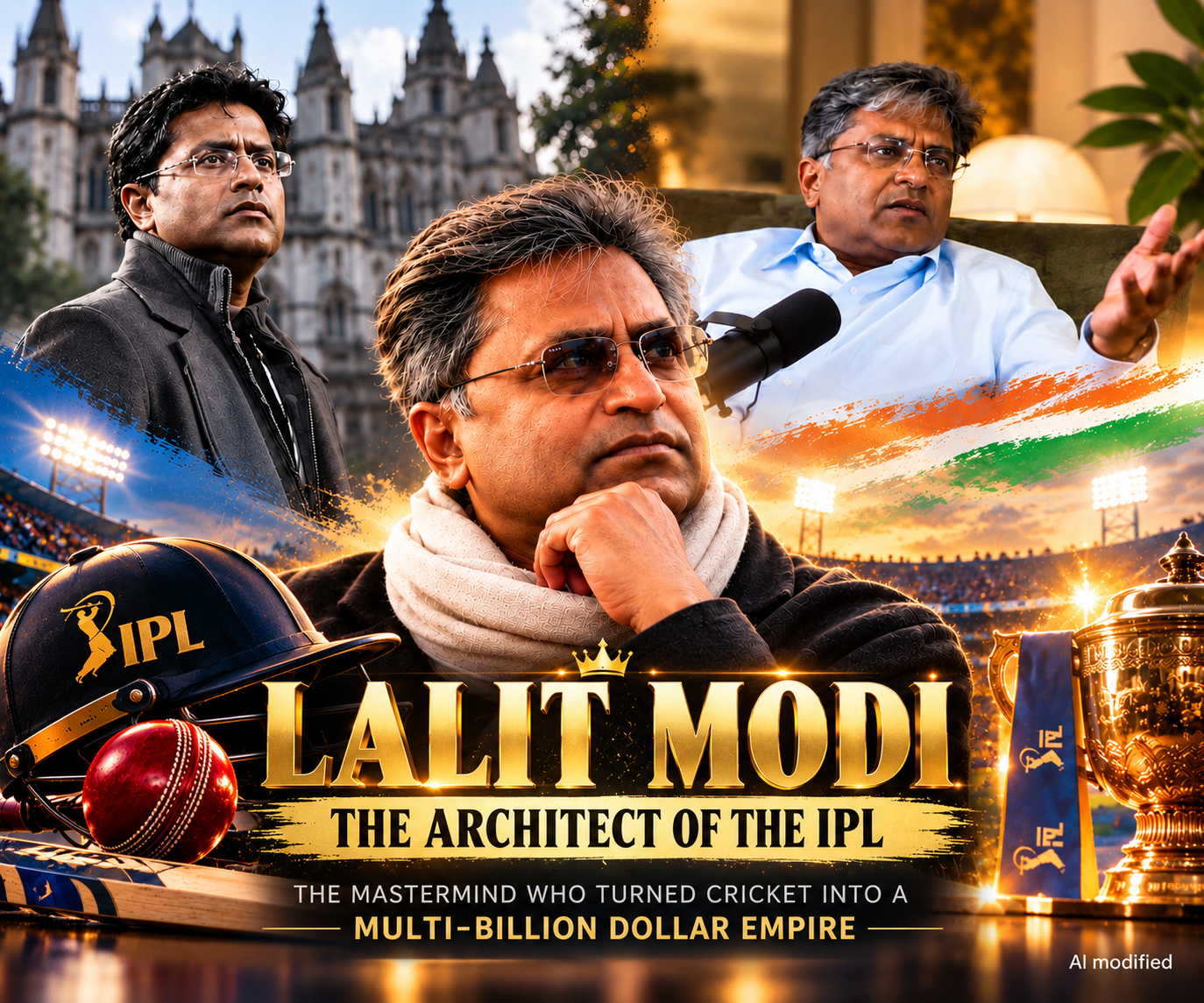 Lalit Modi featured in a cinematic editorial collage with IPL cricket imagery, a stadium, and interview scenes