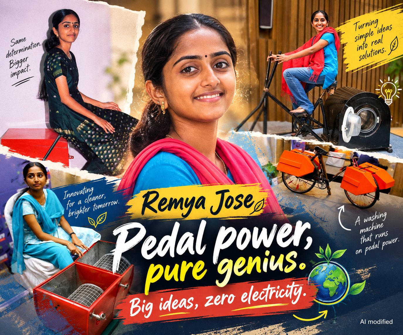 Remya Jose with her pedal-powered washing machine and innovative mechanical designs, highlighting her creativity and sustainable approach to everyday solutions.