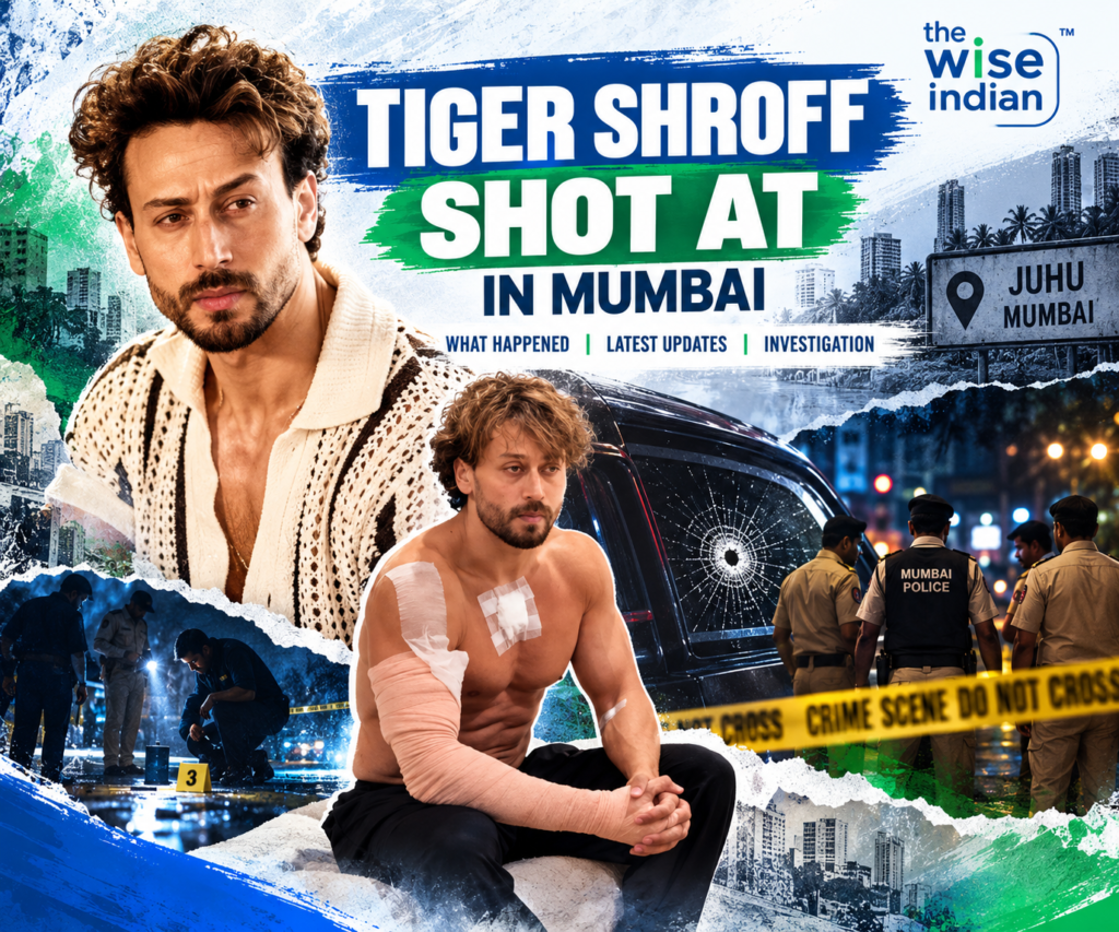 Tiger Shroff firing incident in Mumbai, featuring the actor, a damaged car window, Mumbai police officers, and crime scene investigation visuals in a news-style cover graphic.