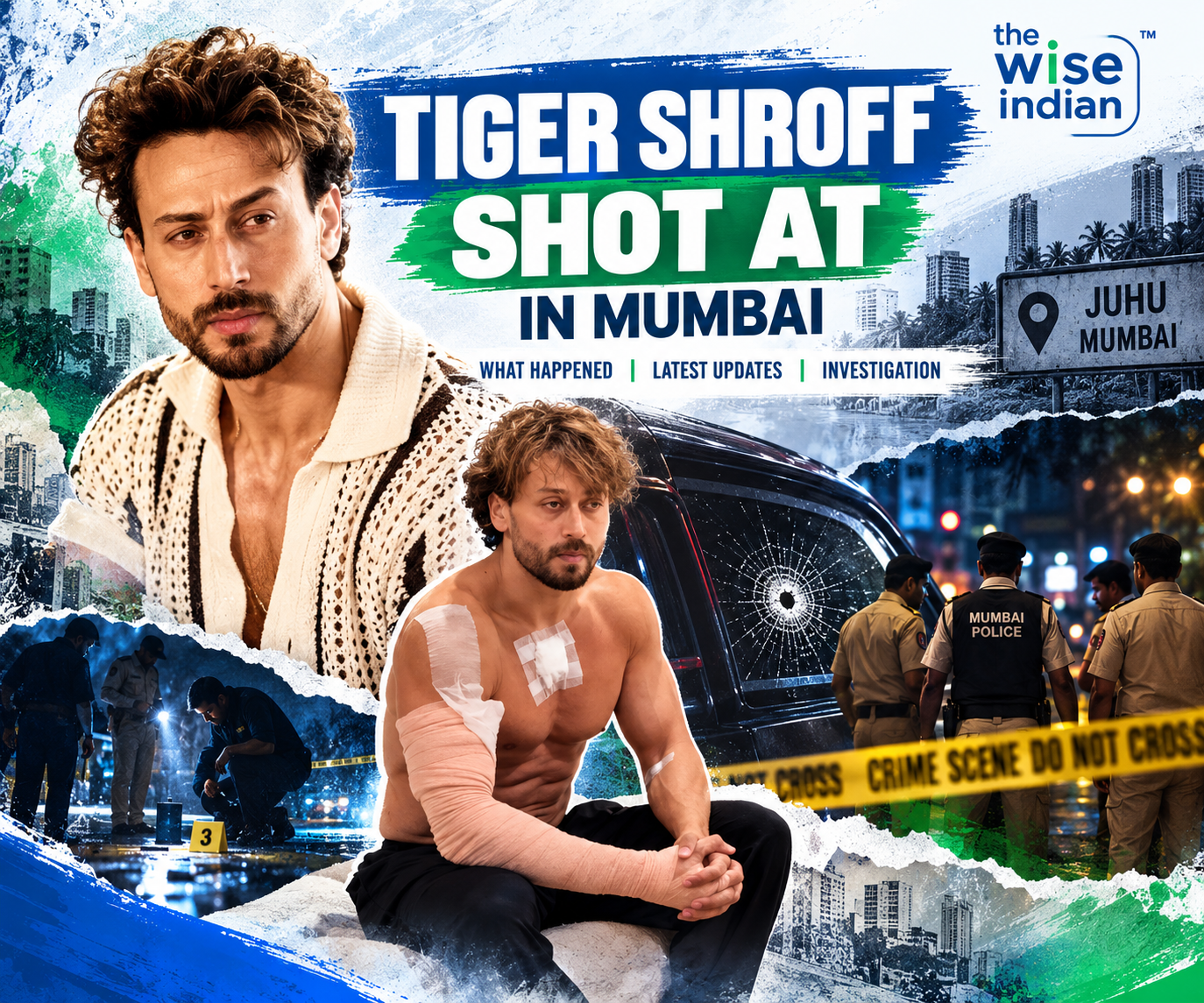 Tiger Shroff firing incident in Mumbai, featuring the actor, a damaged car window, Mumbai police officers, and crime scene investigation visuals in a news-style cover graphic.