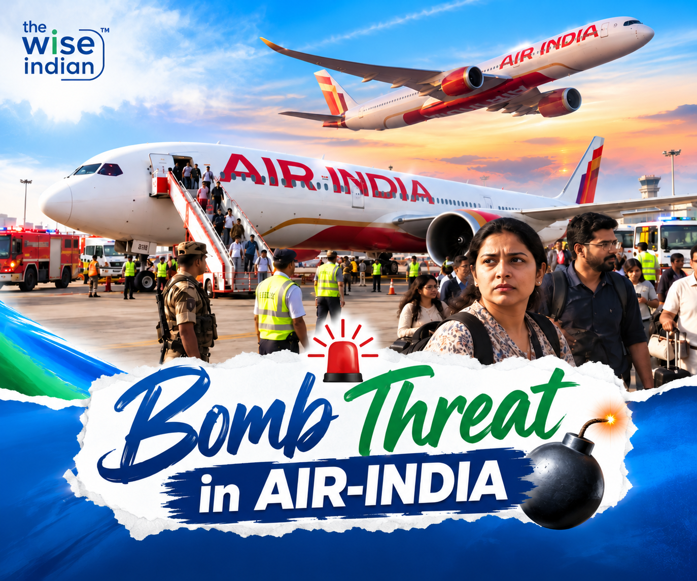 Air India aircraft at an airport with passengers and security personnel, illustrating an Air India bomb threat news report.