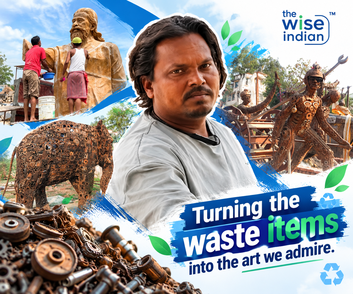 Amrit Prakash Sah with his artistic sculptures made from recycled scrap metal and waste materials.