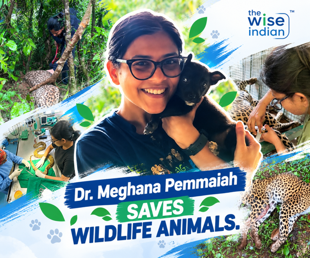 Dr. Meghana Pemmaiah, wildlife veterinarian, pictured with a rescued animal alongside scenes of leopard rescue, wildlife treatment, and veterinary care.