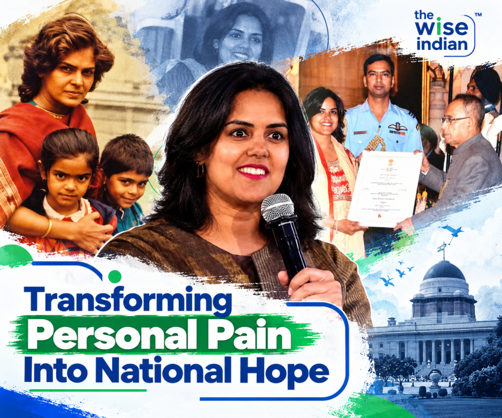 Neha Kirpal featured in a visual story highlighting her journey from personal challenges to national recognition, with childhood photographs, a family portrait, and an award presentation.