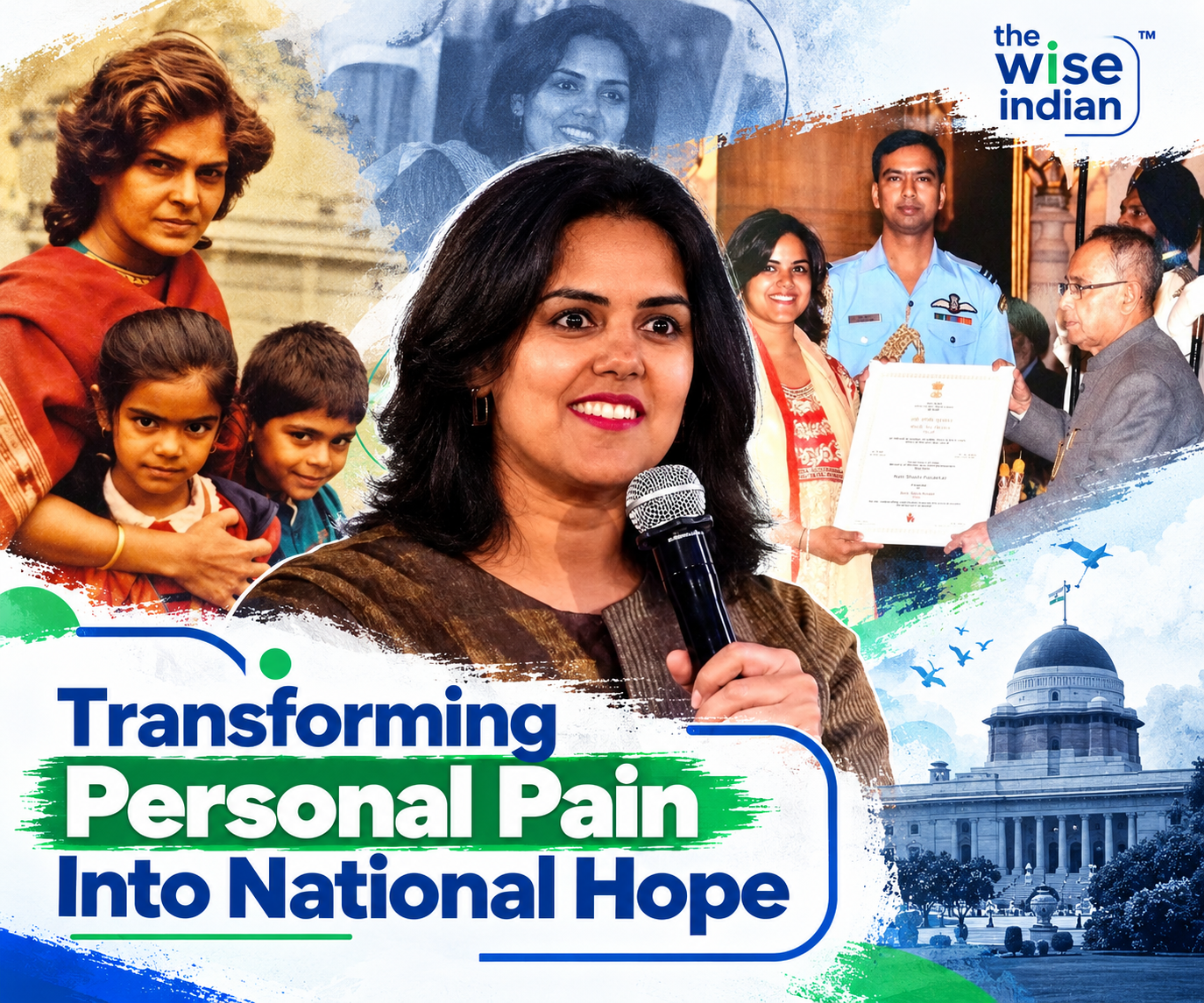Neha Kirpal featured in a visual story highlighting her journey from personal challenges to national recognition, with childhood photographs, a family portrait, and an award presentation.