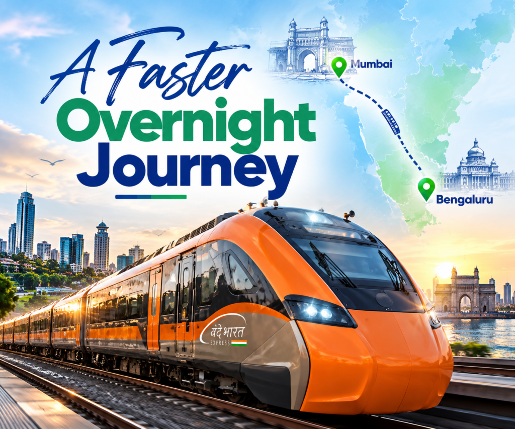 Bengaluru to Mumbai Vande Bharat sleeper train featuring an orange-and-grey train, city landmarks, and a route map connecting Mumbai and Bengaluru.