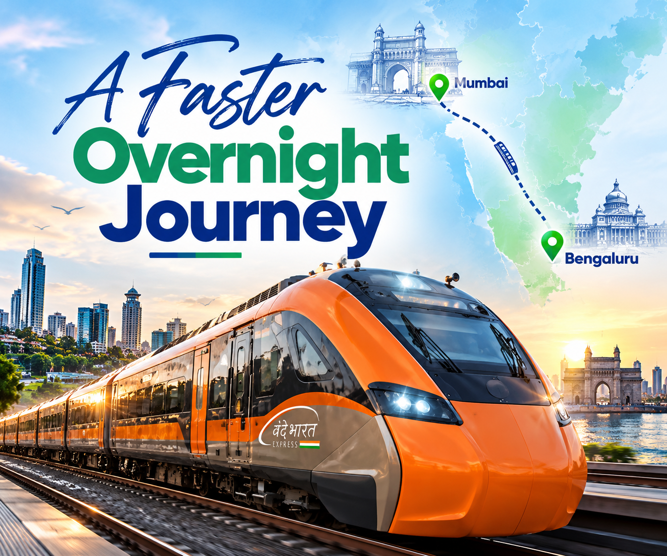 Bengaluru to Mumbai Vande Bharat sleeper train featuring an orange-and-grey train, city landmarks, and a route map connecting Mumbai and Bengaluru.