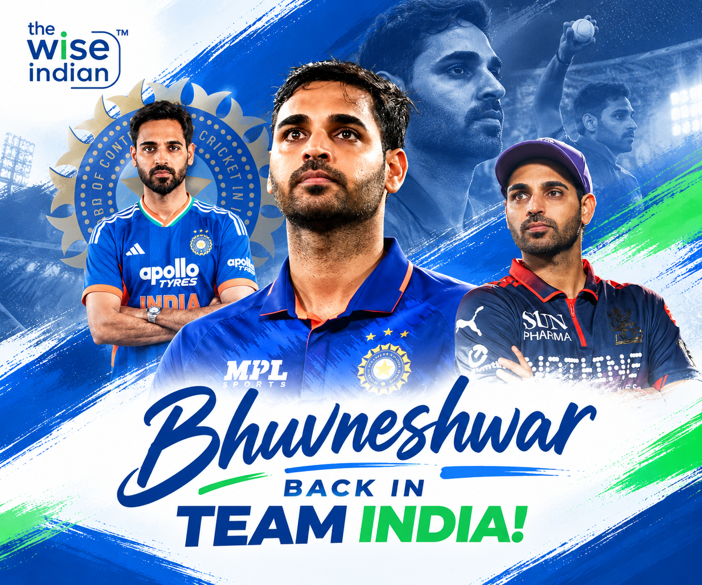 Bhuvneshwar Kumar return to Team India featuring a creative cricket-themed collage in The Wise Indian brand colours.