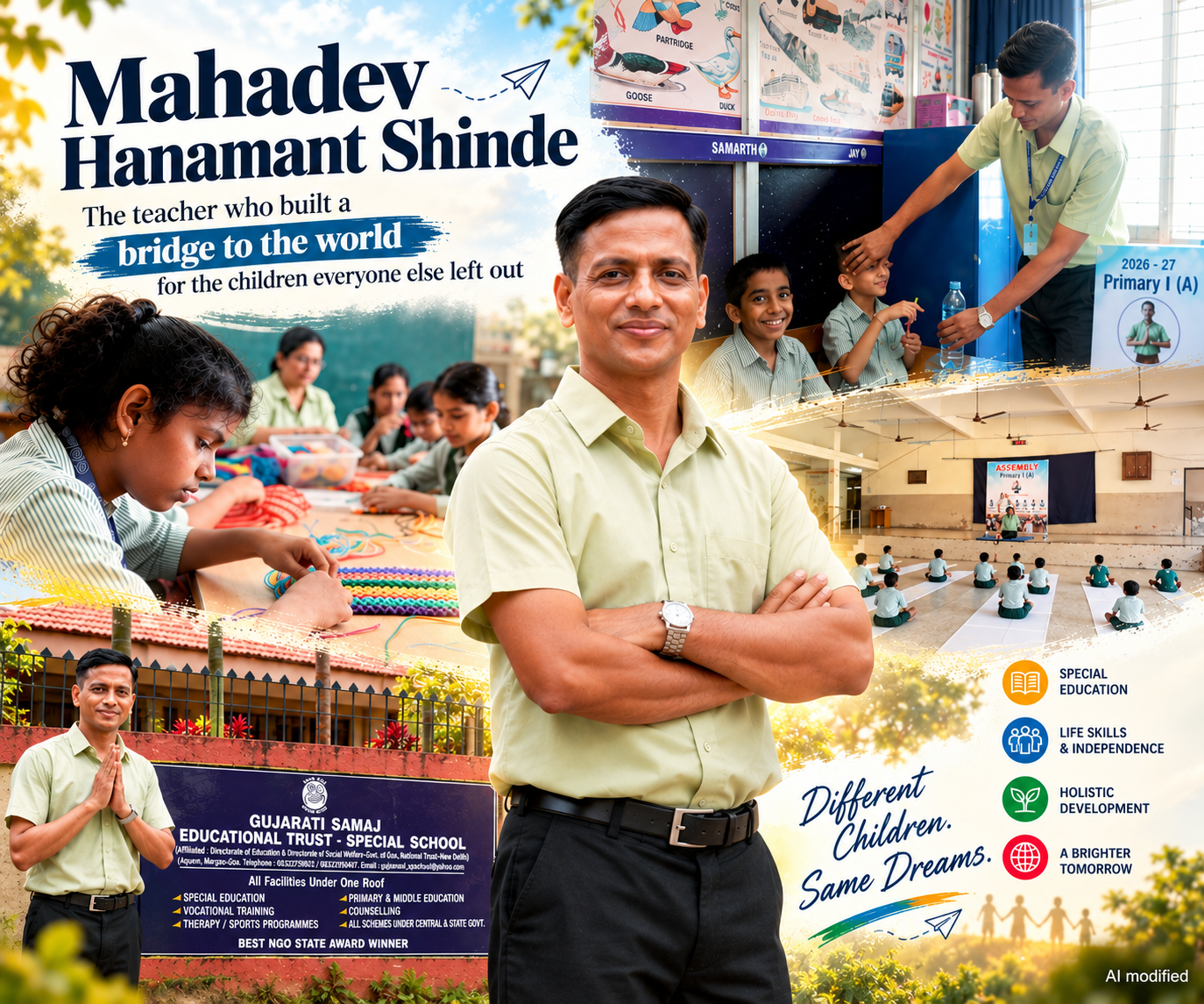 Mahadev Hanamant Shinde stands at the center of a collage showing him teaching and supporting children in a special-education setting, alongside classroom activities, creative learning, yoga, school activities, and the Gujarati Samaj Educational Trust – Special School.