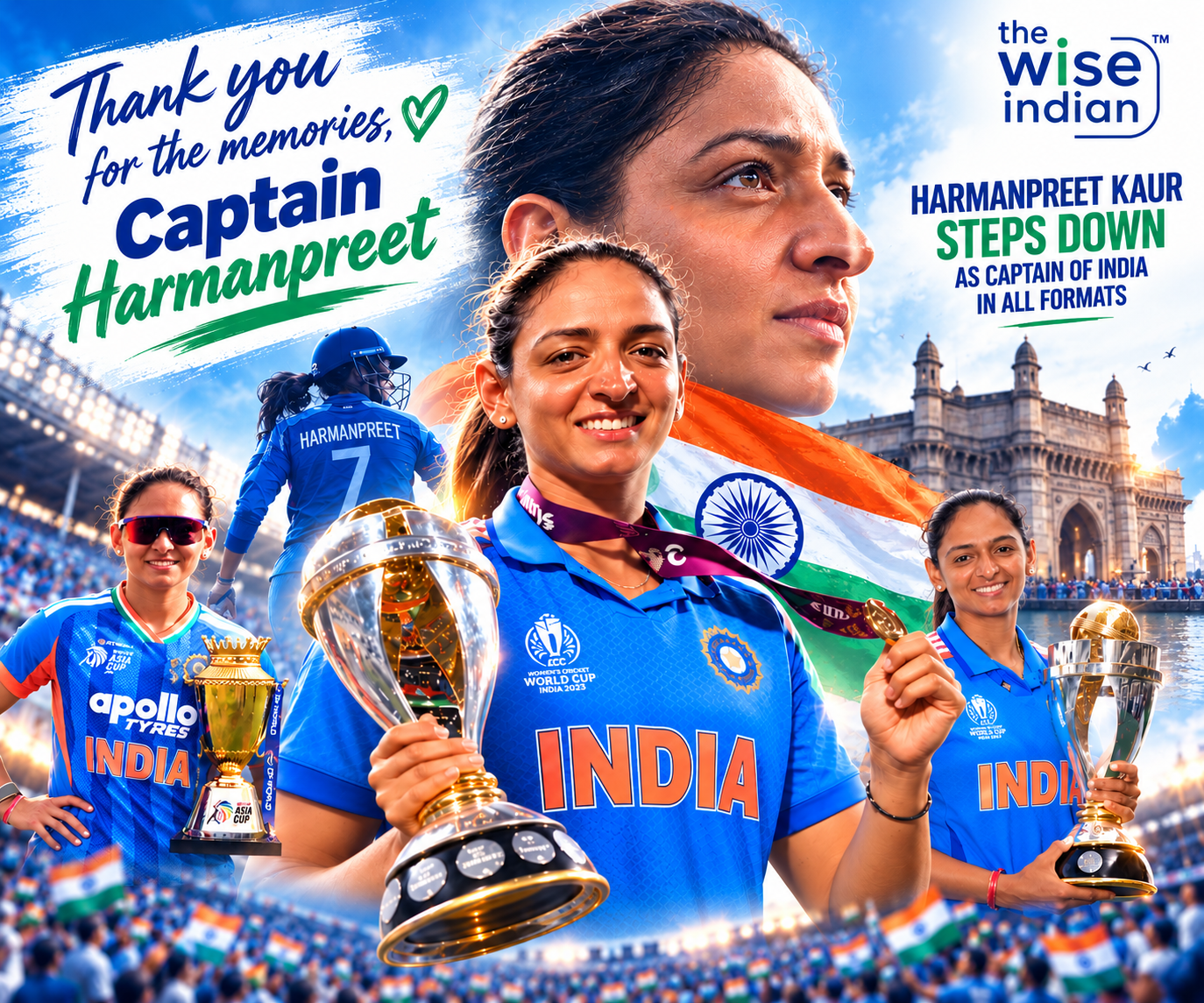 Harmanpreet Kaur holding the 2025 Women's Cricket World Cup trophy