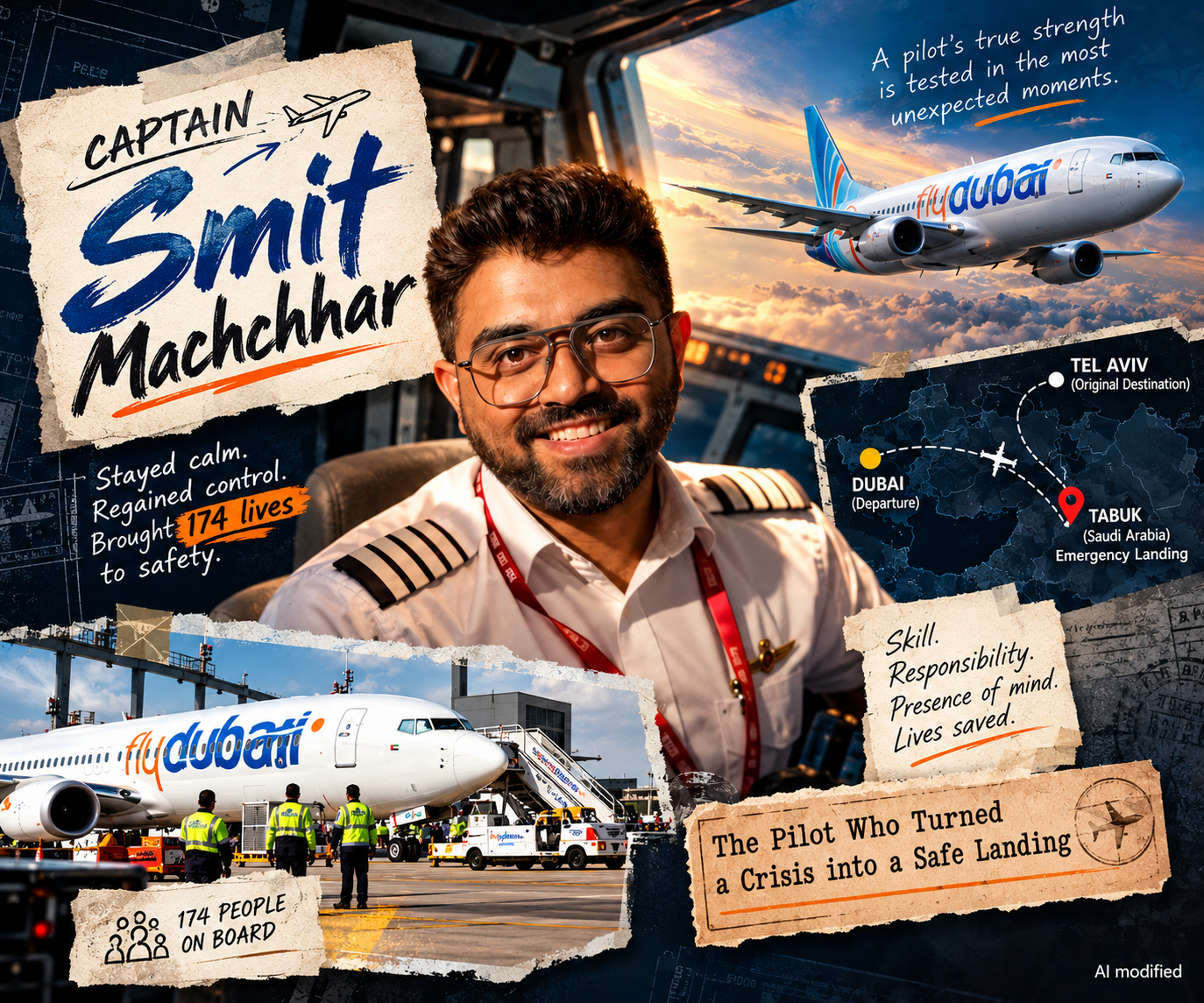 Smit Machchhar in a pilot uniform inside a cockpit, featured alongside flydubai aircraft and a route map showing the Dubai–Tel Aviv flight’s emergency diversion to Tabuk.