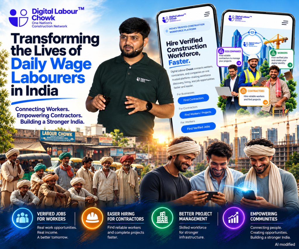 Digital Labour Chowk founder and entrepreneur Mahadev Hanamant Shinde featured in a promotional collage showing construction workers, labourers using smartphones, verified job opportunities, and Digital Labour Chowk app screens.