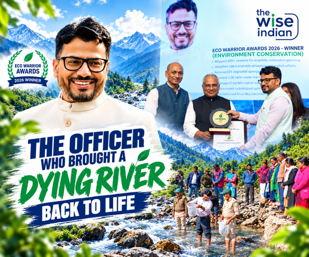 Dharam Singh Meena standing alongside a restored river, community members and an environmental award ceremony, highlighting his river conservation efforts.