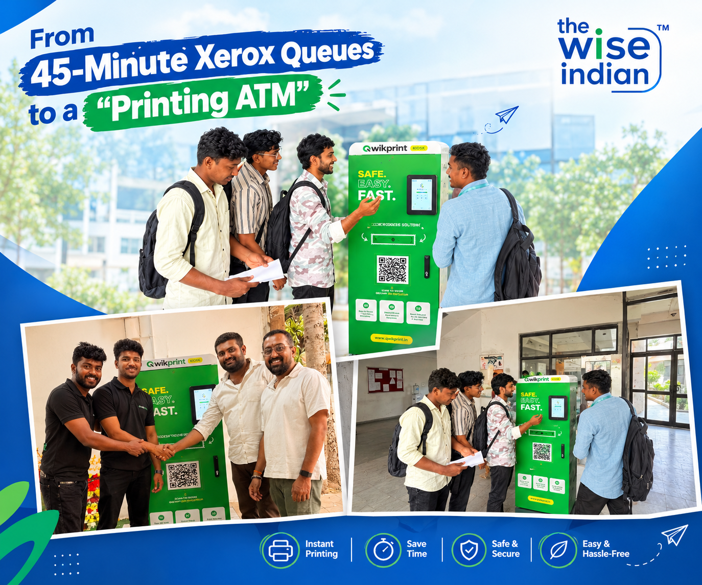 self-service printing kiosk: Students using a Qwikprint printing kiosk, showcasing a fast and convenient alternative to long Xerox queues and traditional printing.
