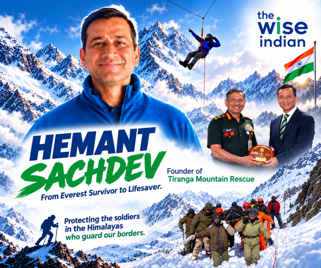 Hemant Sachdev, founder of Tiranga Mountain Rescue, featured against the Himalayan mountains alongside Indian Army personnel and a mountain rescue team.