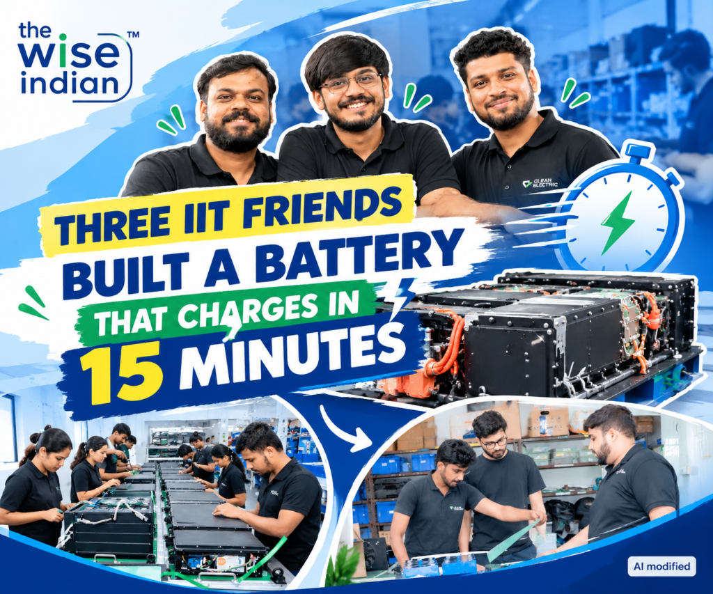 Three IIT friends develop a battery technology designed to charge in 15 minutes, shown with their battery manufacturing team and facility.