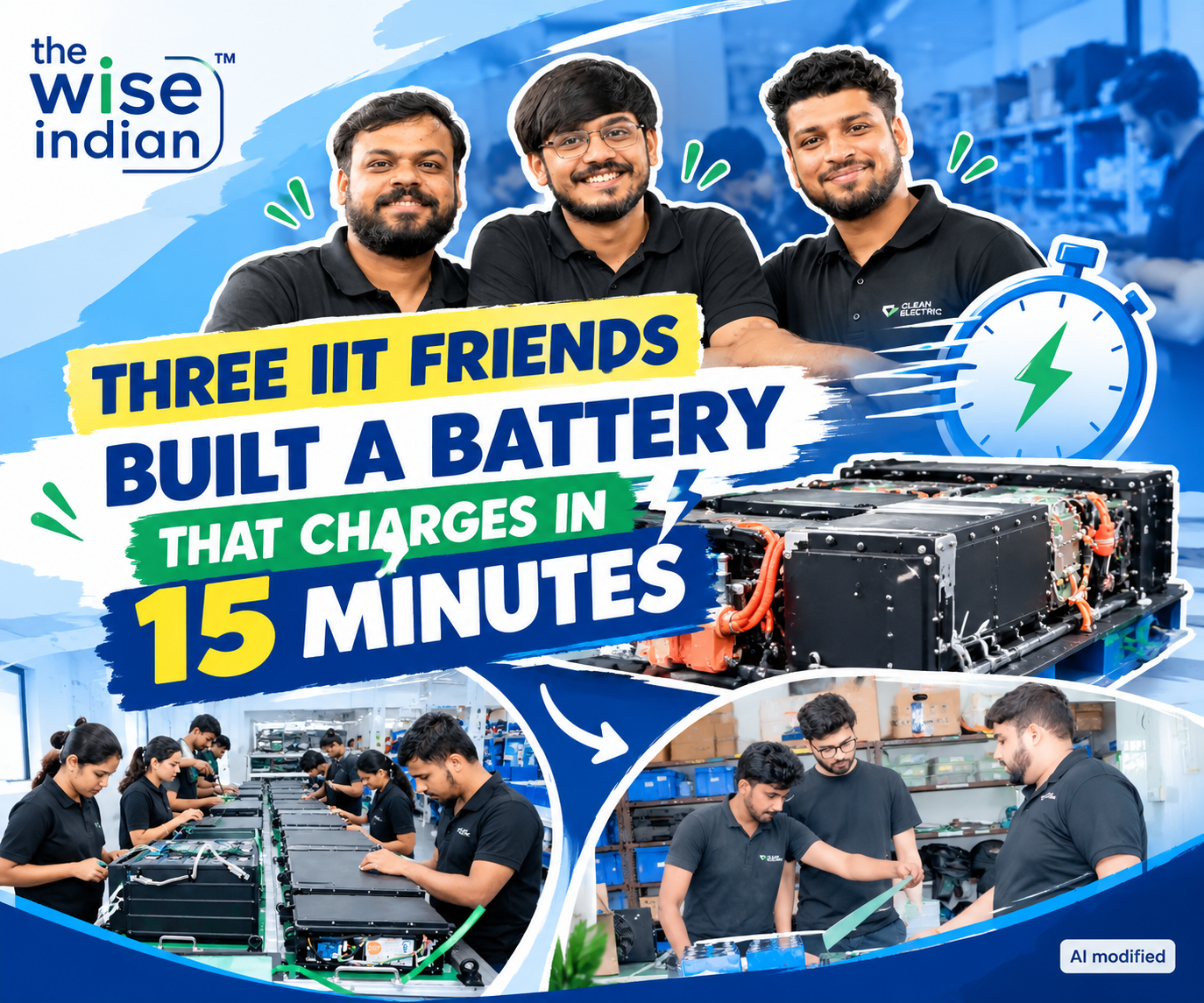 Three IIT friends develop a battery technology designed to charge in 15 minutes, shown with their battery manufacturing team and facility.