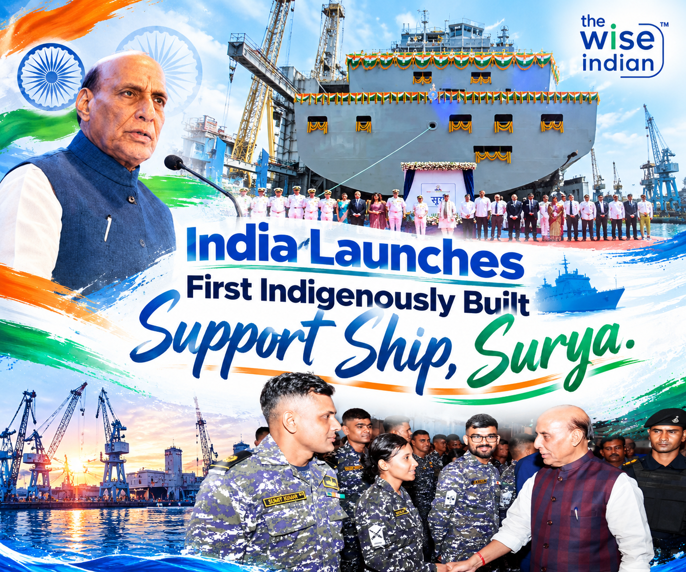 INS Surya: India launches its first indigenously built support ship, featuring the vessel’s launch ceremony, naval personnel, and Defence Minister Rajnath Singh.