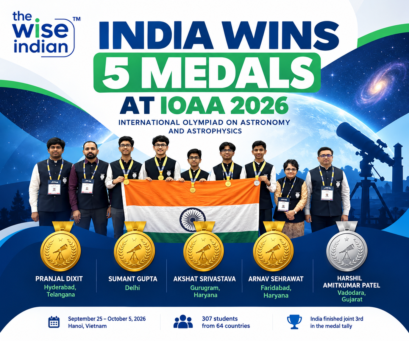 Indian team celebrates winning four gold and one silver medal at the International Olympiad on Astronomy and Astrophysics 2026 in Hanoi, Vietnam.