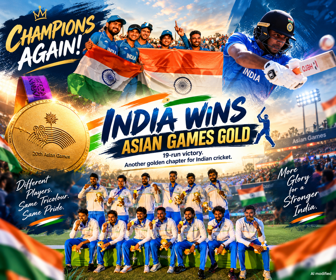 Asian Games cricket final collage featuring the Indian cricket team celebrating with gold medals, players holding the Indian flag, and an Indian batter in action, with the headline “Champions Again!” and “India Wins Asian Games Gold.