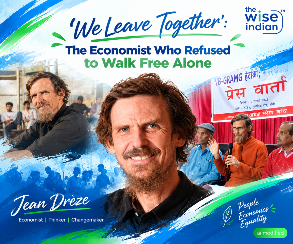 Jean Drèze at a community meeting and press conference, featured in a Wise Indian graphic titled “The Economist Who Refused to Walk Free Alone.”