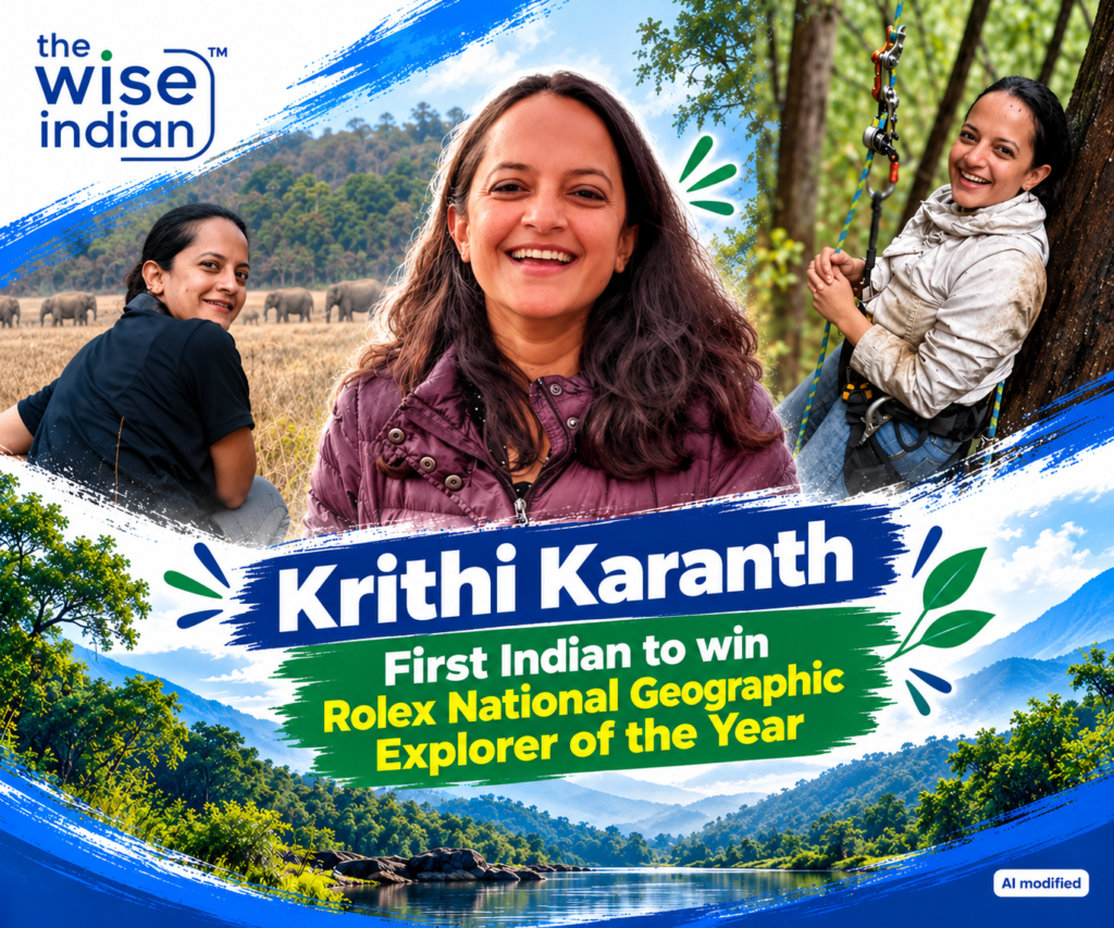 Krithi Karanth featured in a wildlife conservation graphic, with photographs of her in a forest and grassland landscape with elephants, designed in The Wise Indian's blue and green brand colours.