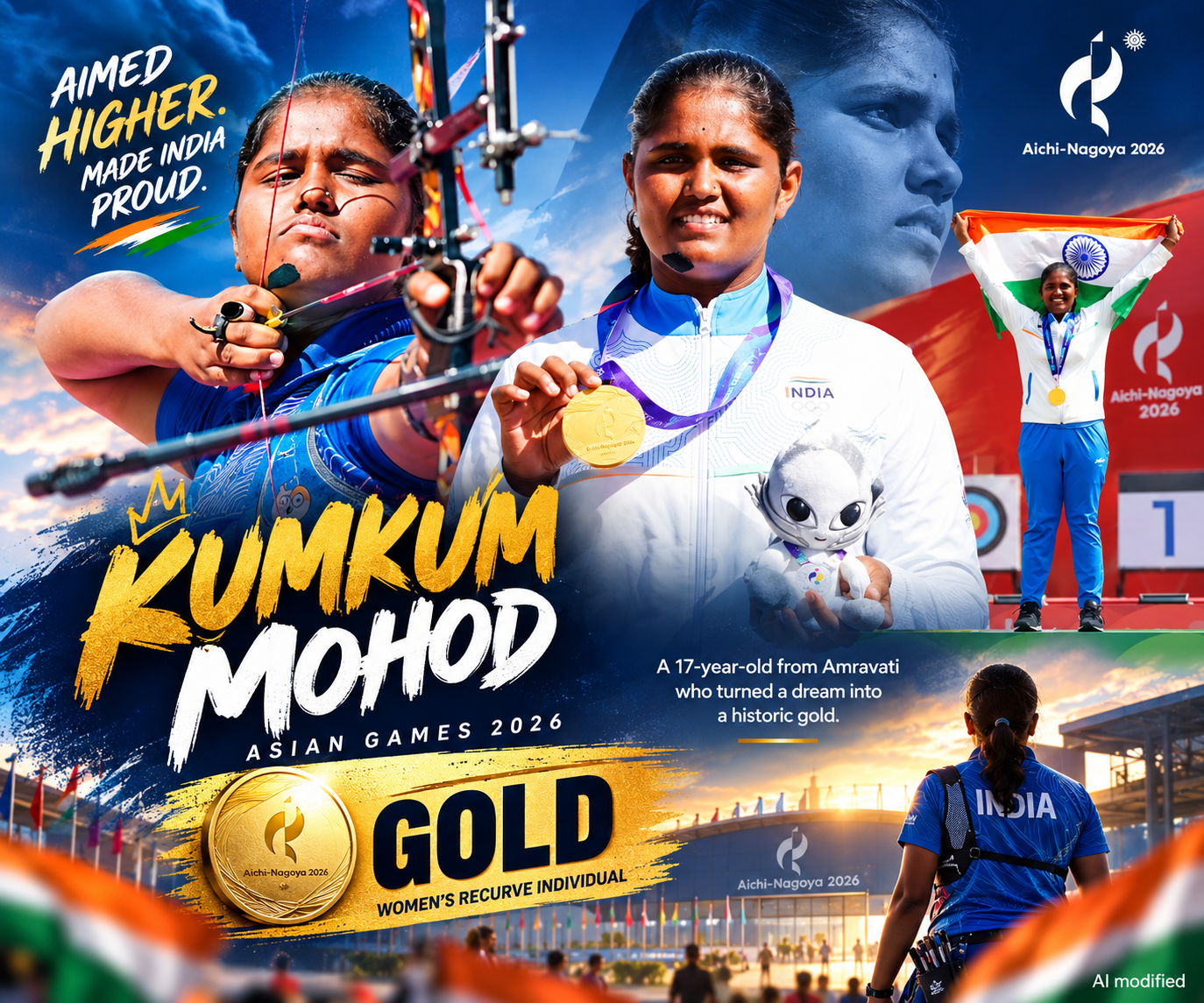 Kumkum Mohod celebrating her historic Asian Games 2026 gold medal in women’s recurve individual archery, shown in action and holding her medal and the Indian flag.