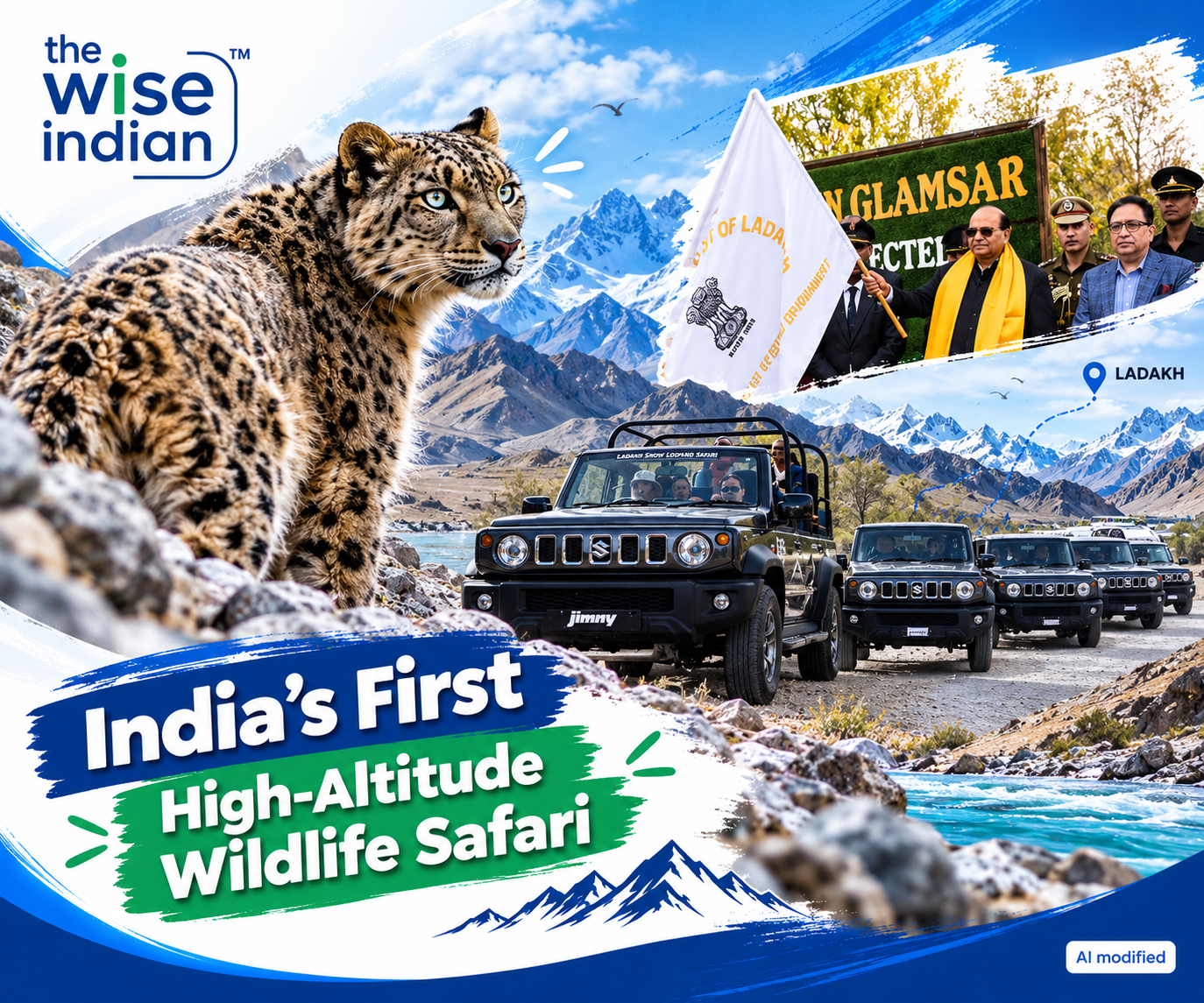 Ladakh snow leopard safari featuring safari vehicles, a snow leopard, Himalayan landscapes and the launch ceremony of India’s first high-altitude wildlife safari.