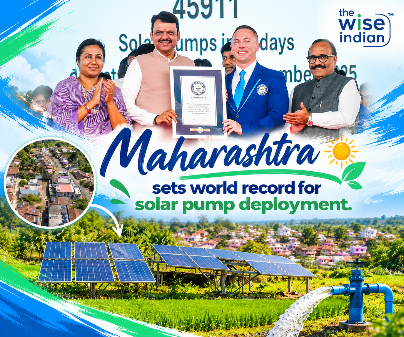 Maharashtra solar pumps - Officials celebrate a Guinness World Records achievement for solar pump deployment, highlighting solar energy and sustainable irrigation in Maharashtra.