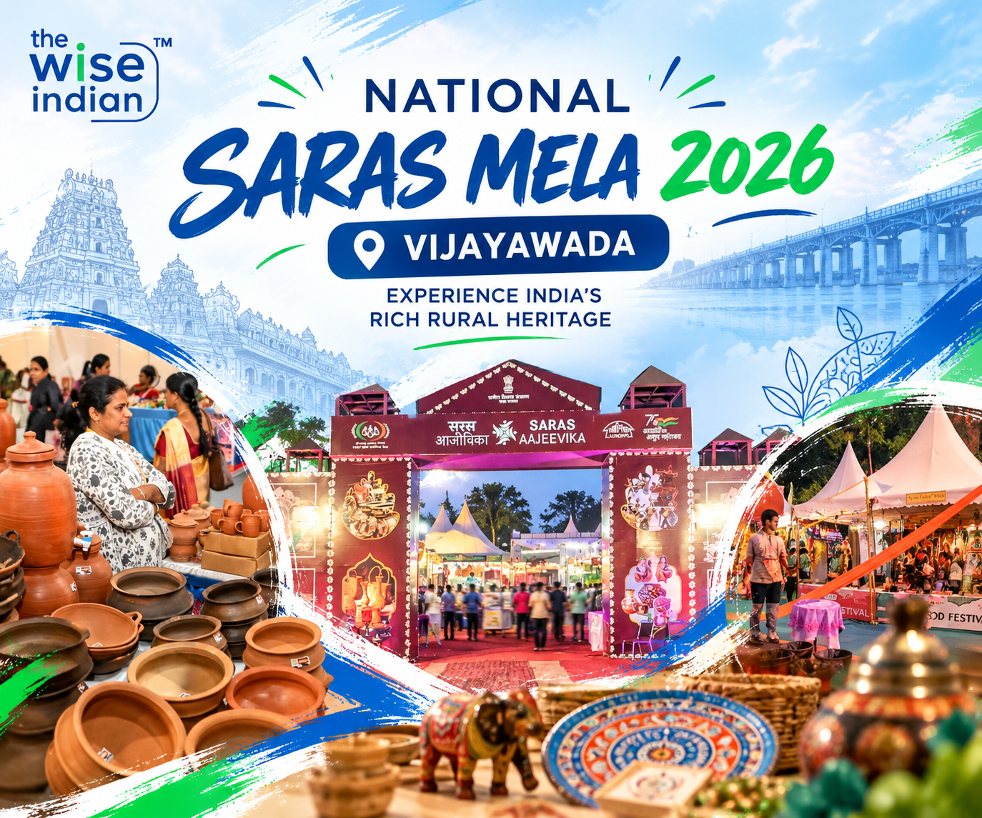 SARAS Mela Vijayawada 2026 featuring rural Indian handicrafts, traditional pottery, artisan stalls and vibrant cultural exhibitions.
