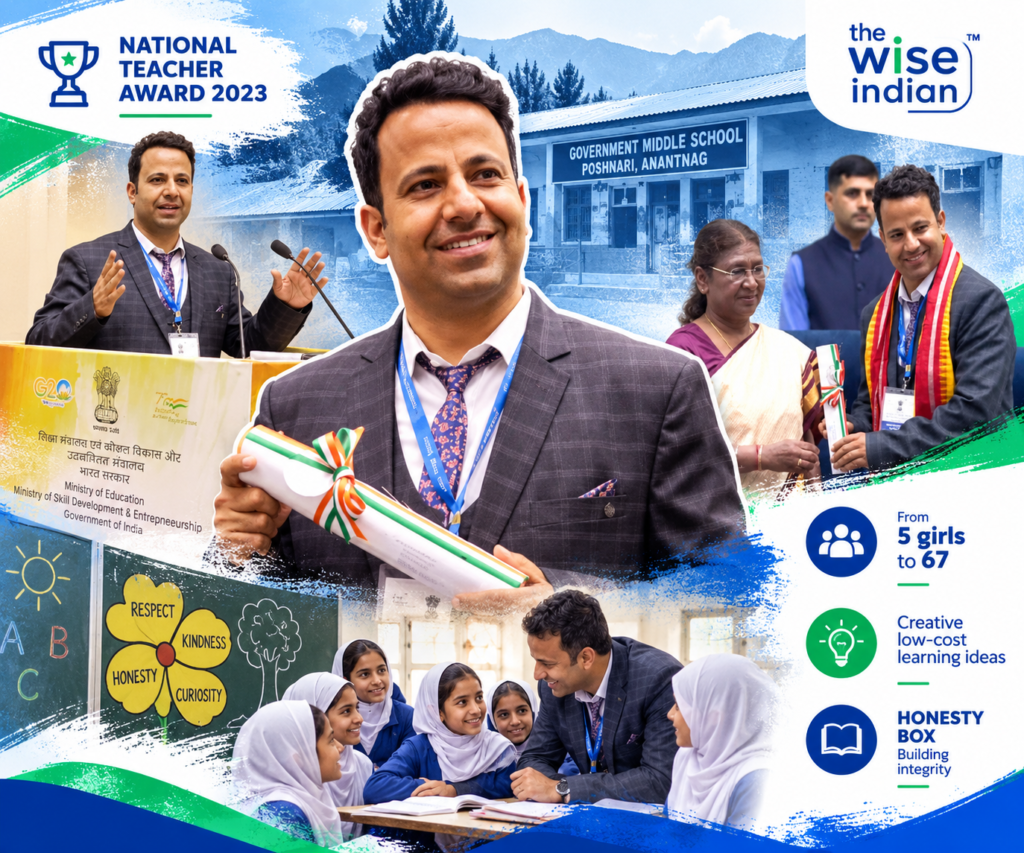 Riyaz Ahmad Sheikh receiving the National Teacher Award 2023, recognised for improving girls’ enrolment, introducing creative low-cost teaching methods, and promoting honesty and integrity at Government Middle School, Poshnari, Anantnag.