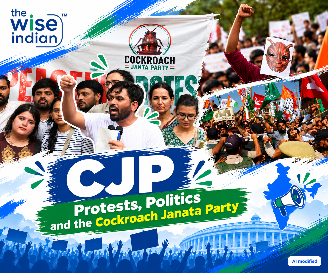 Cockroach Janta Party protest in India featuring demonstrators, political banners, a raised fist and police barricades, in a blue, green and white editorial graphic by The Wise Indian.