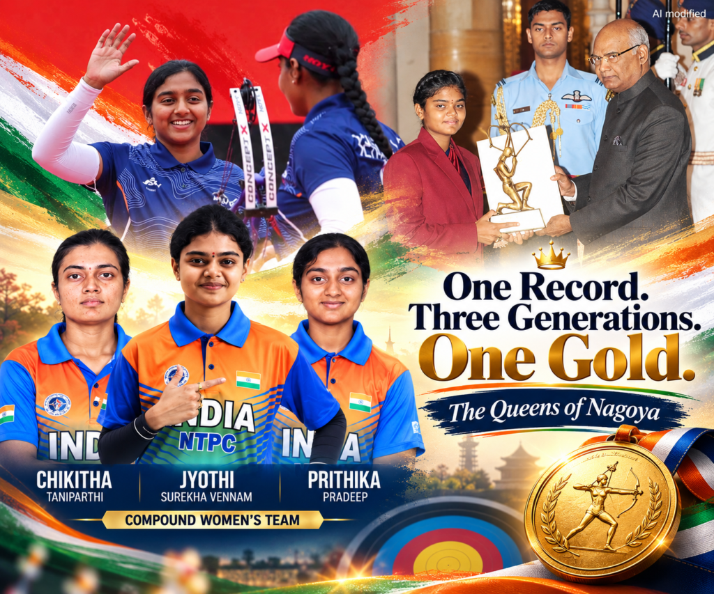 A social media graphic celebrating Indian women archers, featuring an archer in action, the compound women's team of Chikitha Taniparthi, Jyothi Surekha Vennam and Prithika Pradeep, and an archival award ceremony.