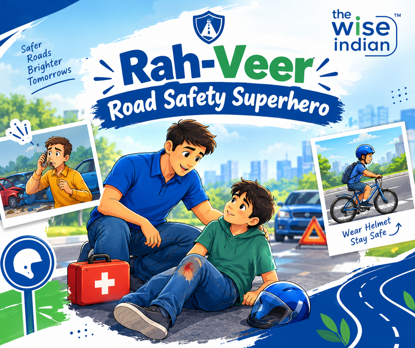 Rah-Veer scheme road safety superhero helping an accident victim on the road