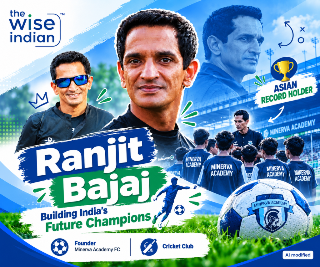 Ranjit Bajaj featured in a sports editorial graphic highlighting his role in building India’s future football champions through Minerva Academy.