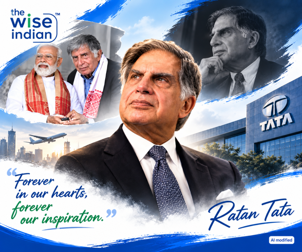 Ratan Tata memorial tribute featuring his central portrait, a photograph with Prime Minister Narendra Modi, a reflective black-and-white portrait, and Tata headquarters in The Wise Indian’s blue and green brand colours.