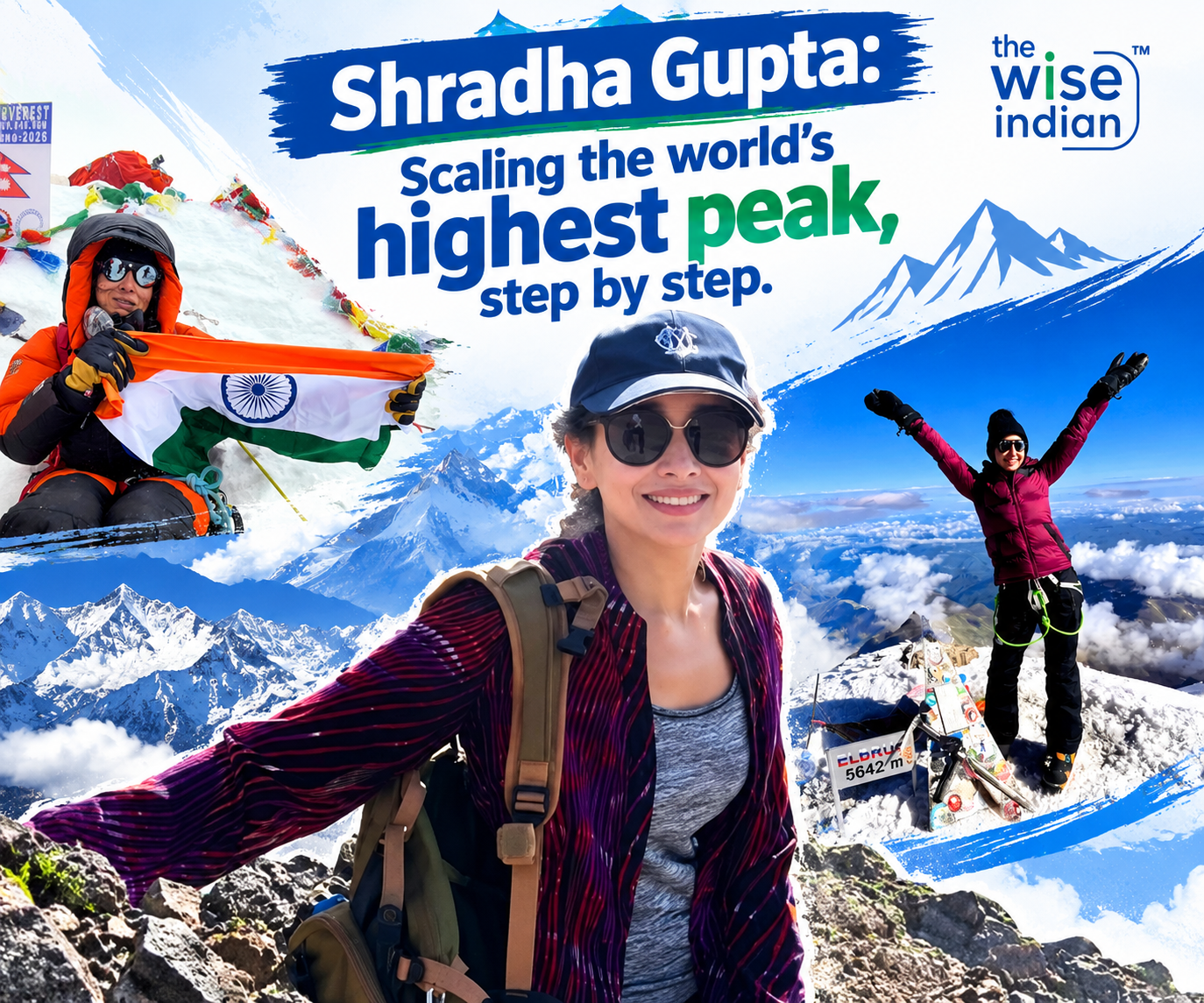 Shradha Gupta celebrates her mountaineering achievements, holding the Indian national flag in the Himalayas and standing atop Mount Elbrus at 5,642 metres.